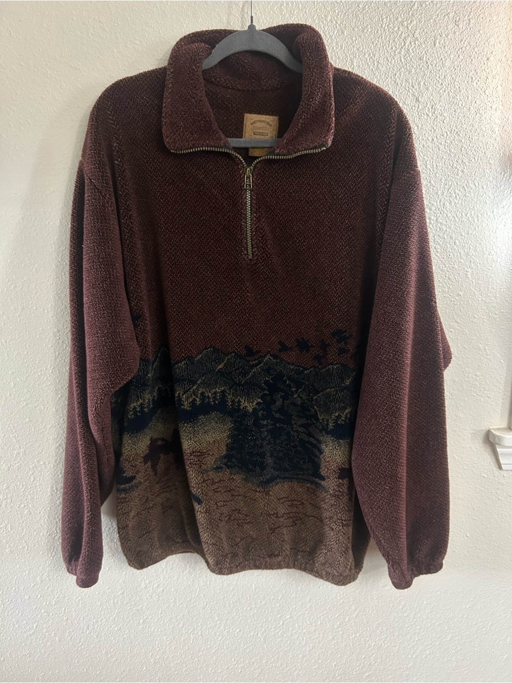 Vintage St John’s Bay All Over Print Fishing Sherpa Quarter Zip Pullover Mens XL